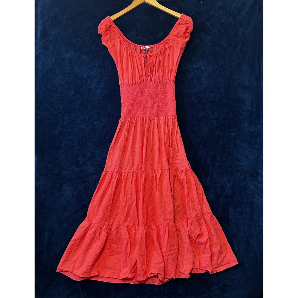 Boston Proper Smocked Maxi Dress Size XS/S Peasant Milkmaid Coral Peach Keyhole
